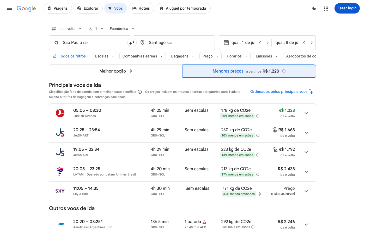 Print Google Flights — SÃO PAULO (GRU), partida 01 jul