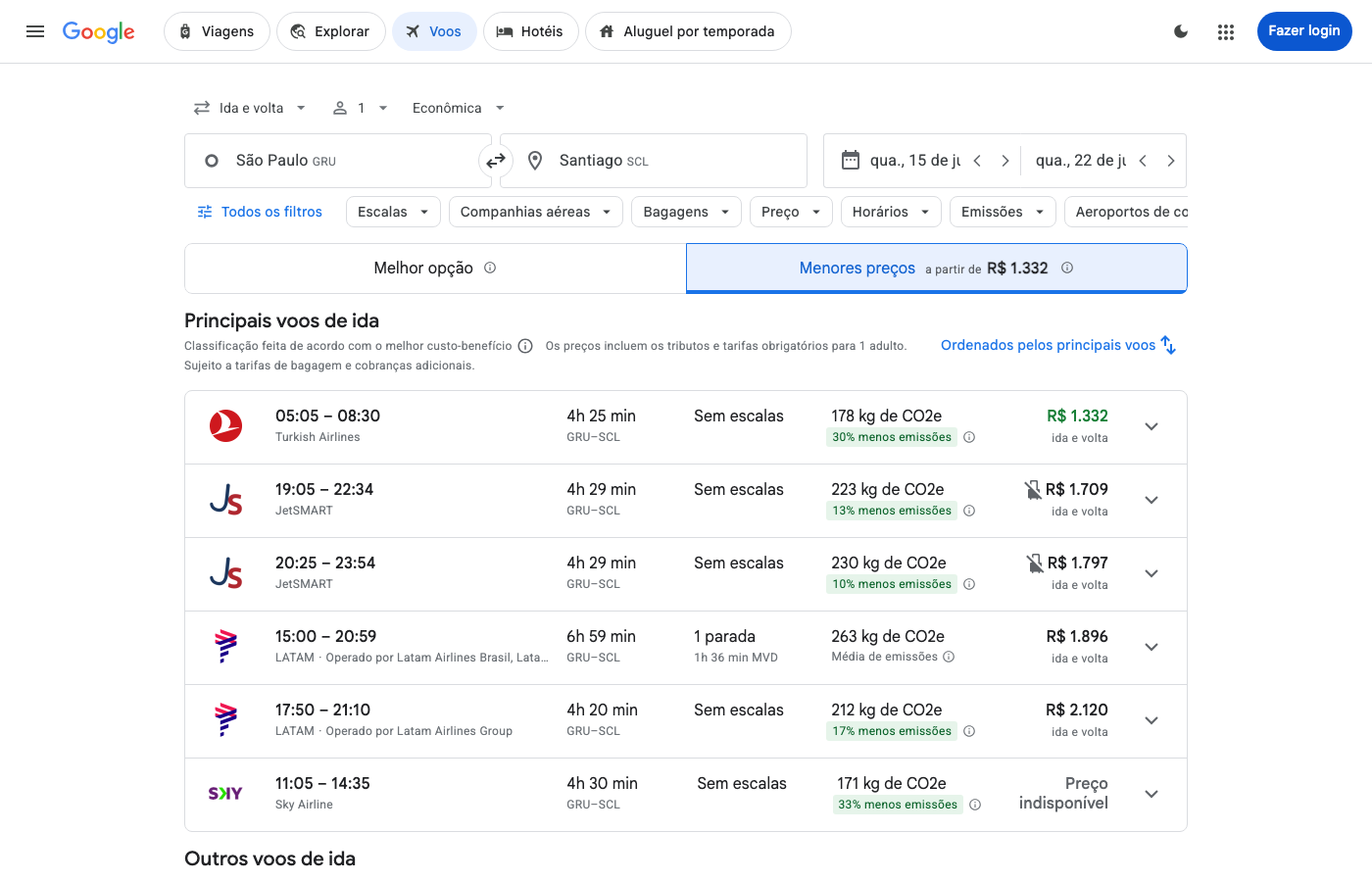 Print Google Flights — SÃO PAULO (GRU), partida 15 jul