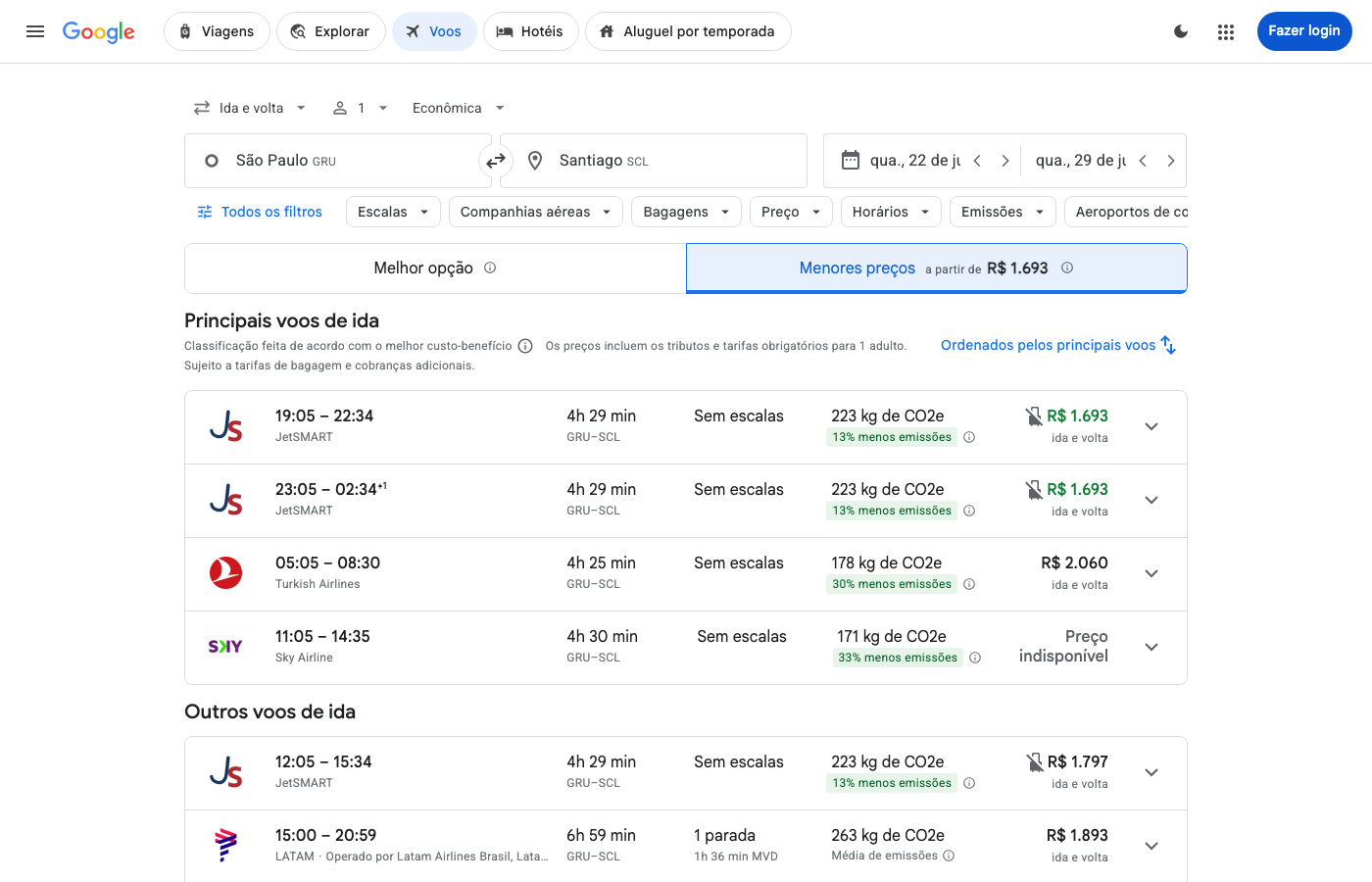 Print Google Flights — SÃO PAULO (GRU), partida 22 jul