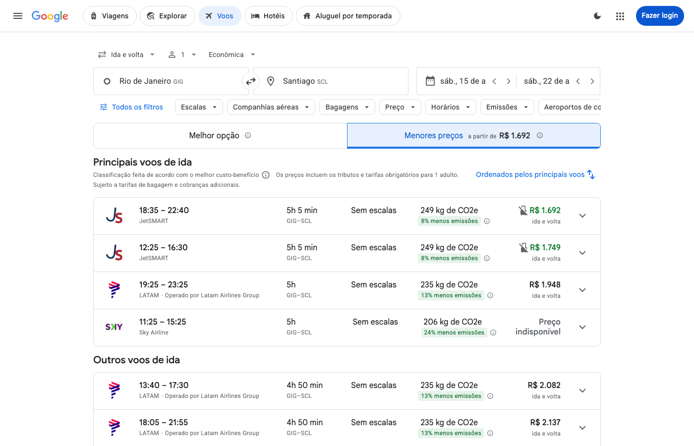 Print Google Flights — RIO DE JANEIRO (GIG), partida 15 ago