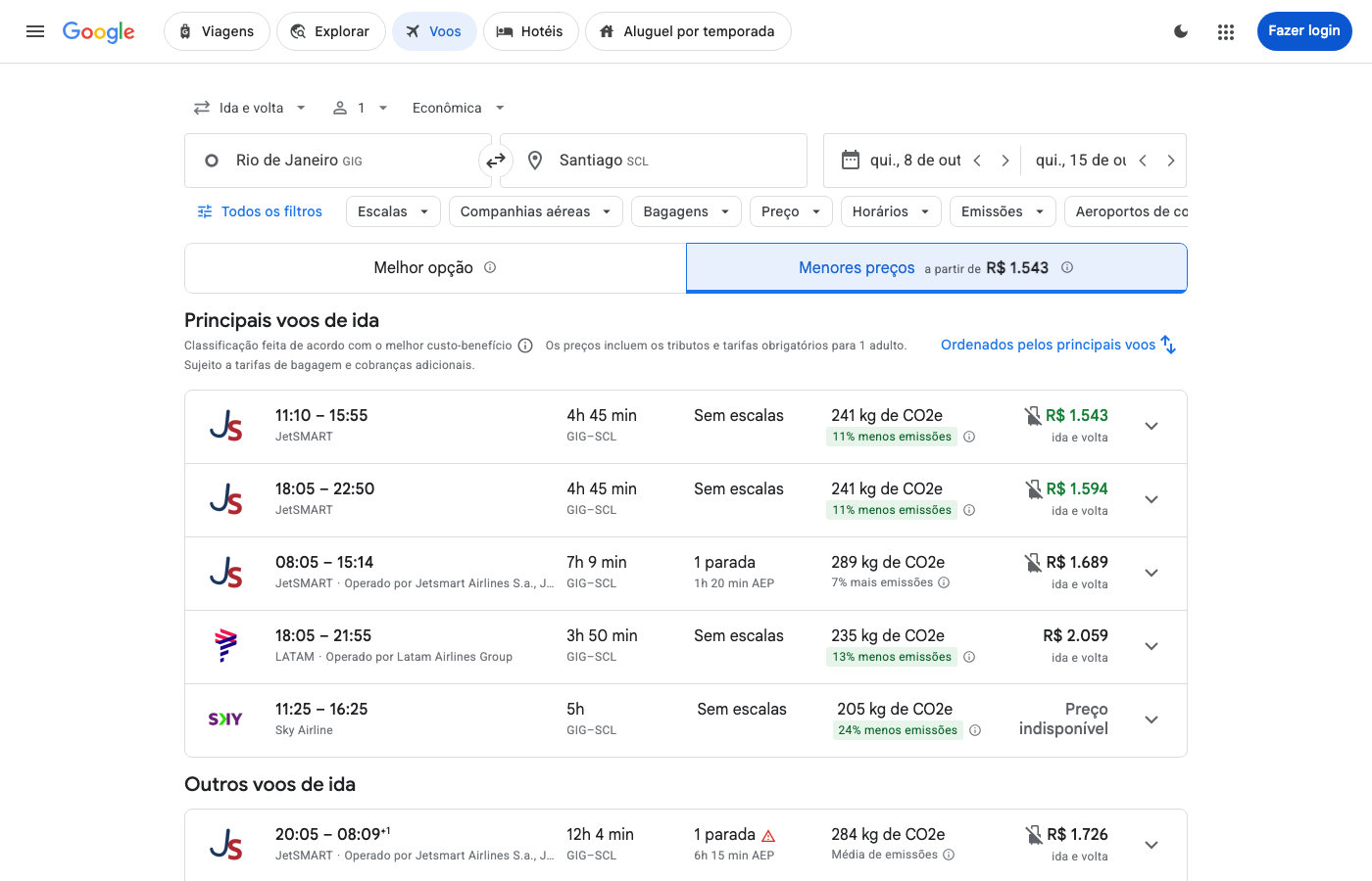 Print Google Flights — RIO DE JANEIRO (GIG), partida 08 out