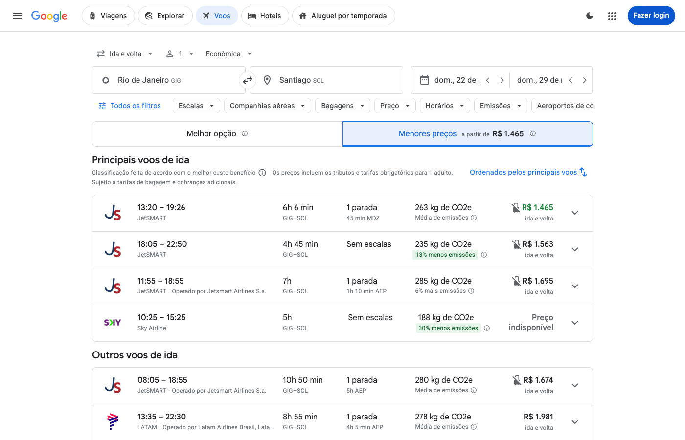 Print Google Flights — RIO DE JANEIRO (GIG), partida 22 nov